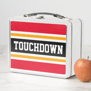 TOUCHDOWN Fun Bright Red Black Sports Stripes Metal Lunch Box