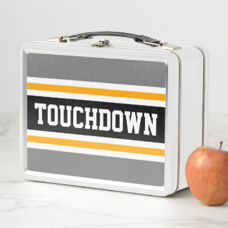 TOUCHDOWN Grey Yellow Black Sports Stripes Metal Lunch Box