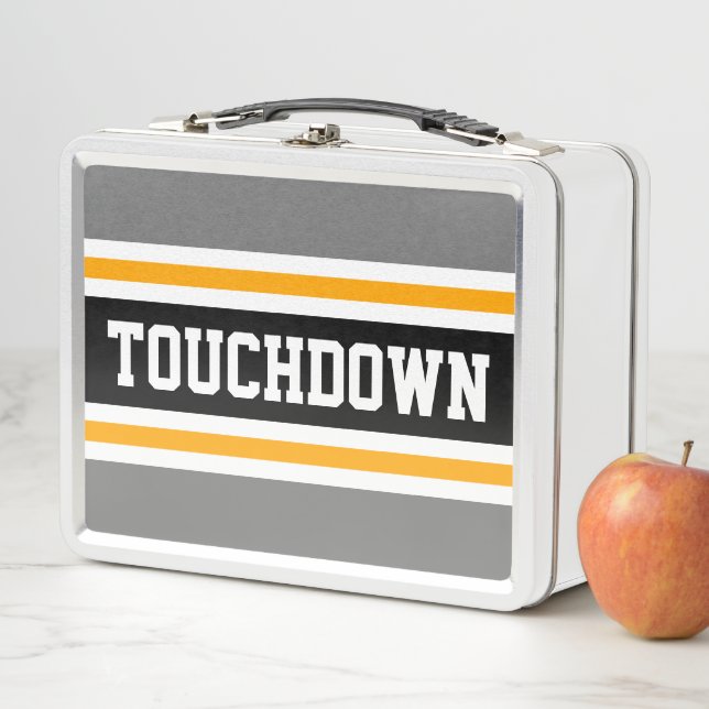 TOUCHDOWN Grey Yellow Black Sports Stripes Metal Lunch Box (In Situ)