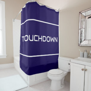 TOUCHDOWN Modern White Text Stripes On Navy Blue Shower Curtain