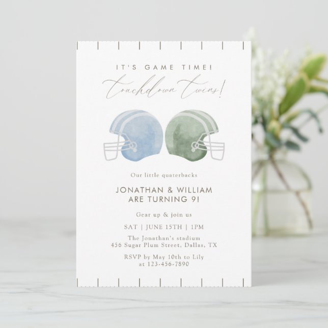 Touchdown Twins Football Helmet Birthday Invitation (Standing Front)