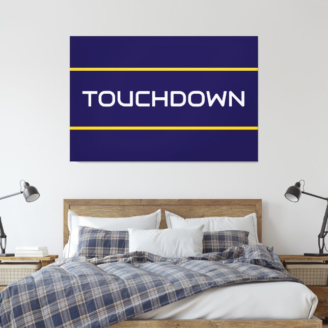 TOUCHDOWN White Text Orange Navy Blue Stripes  Canvas Print (Insitu(Bedroom))