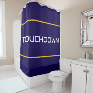 TOUCHDOWN White Text Orange Stripes On Navy Blue Shower Curtain