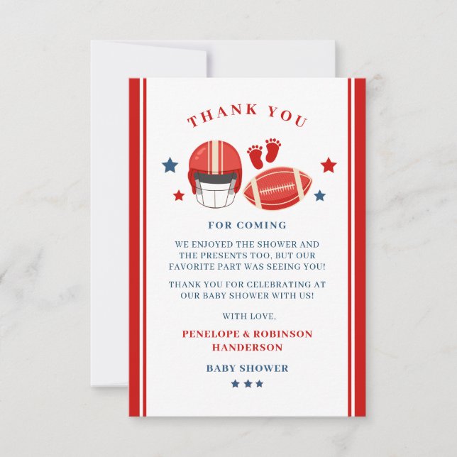 Touchdowns and Tiny toes, Football baby shower Thank You Card (Front)
