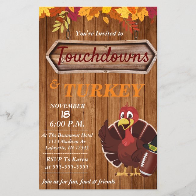 Touchdowns and Turkey Thanksgiving Invitation Flyer (Front)