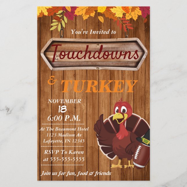 Touchdowns and Turkey Thanksgiving Invitation Flyer (Front)
