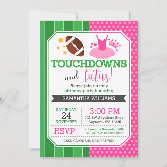 Touchdowns and Tutus Birthday Invitations (Front)