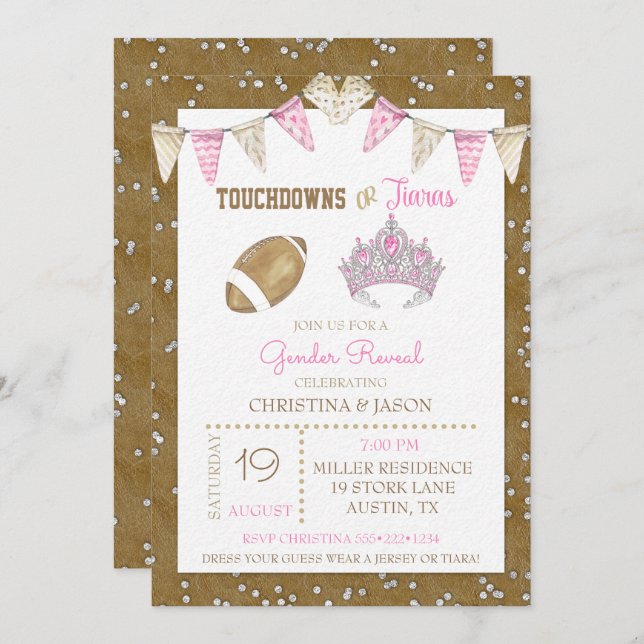 Touchdowns or Tiaras Watercolor Pink Gender Reveal Invitation (Front/Back)