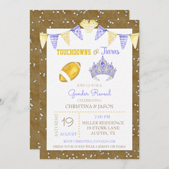 Touchdowns or Tiaras Yellow Purple Gender Reveal Invitation (Front/Back)