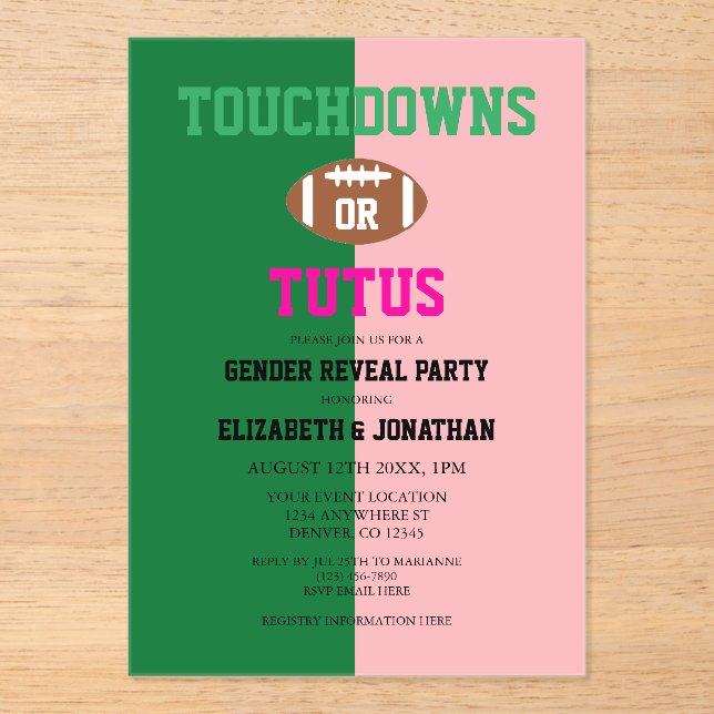 Touchdowns or Tutus Gender Reveal Acrylic Invitations (Front)