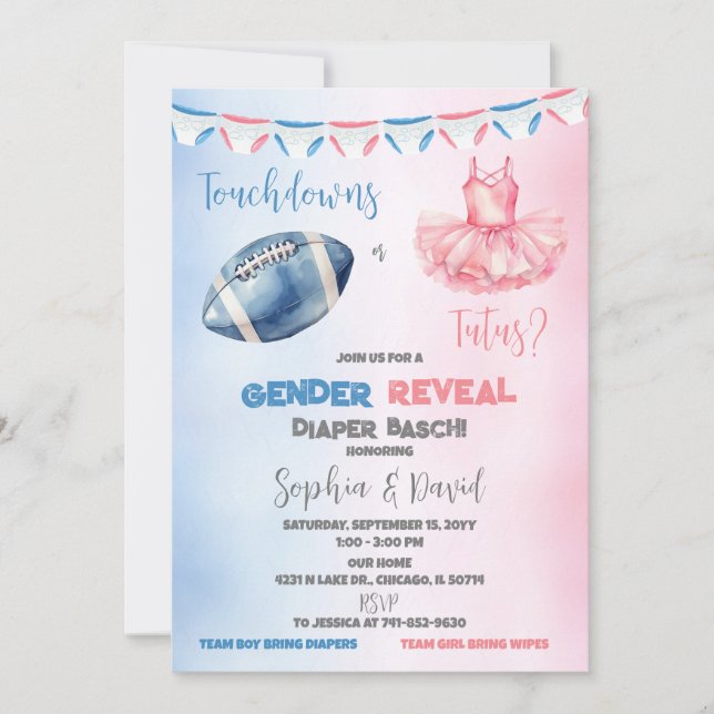 Touchdowns or Tutus Gender Reveal Diaper Party Invitation (Front)