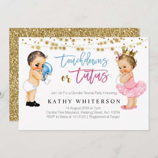 Touchdowns or Tutus gender reveal Invitation (Front/Back)
