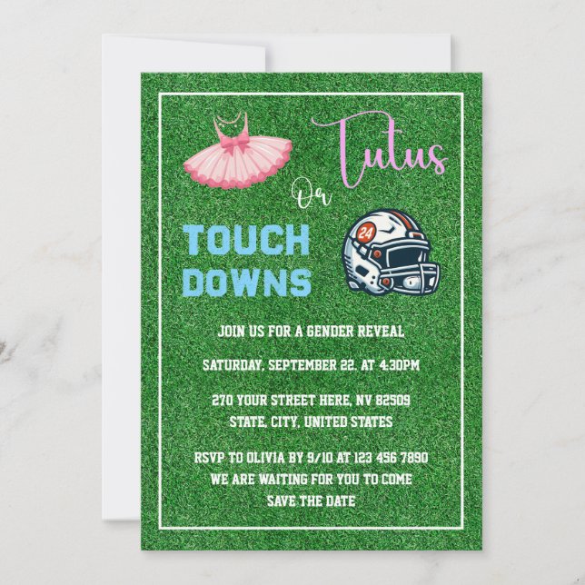 Touchdowns or Tutus Gender Reveal Invitation (Front)