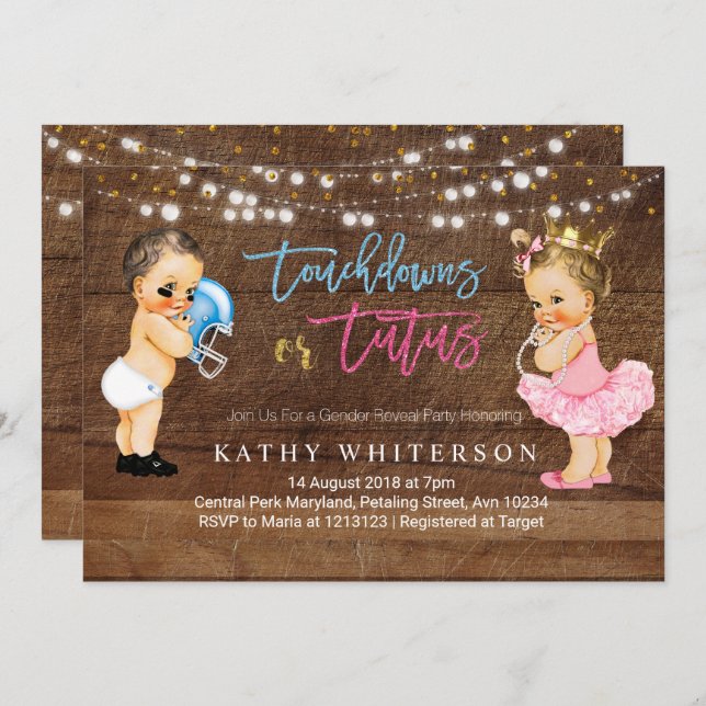Touchdowns or Tutus gender reveal Invite rustic (Front/Back)