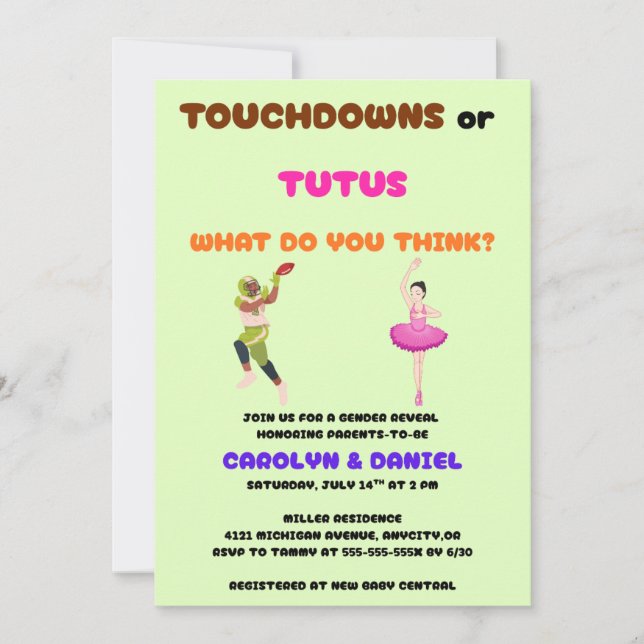 Touchdowns or Tutus gender reveal party Invitation (Front)