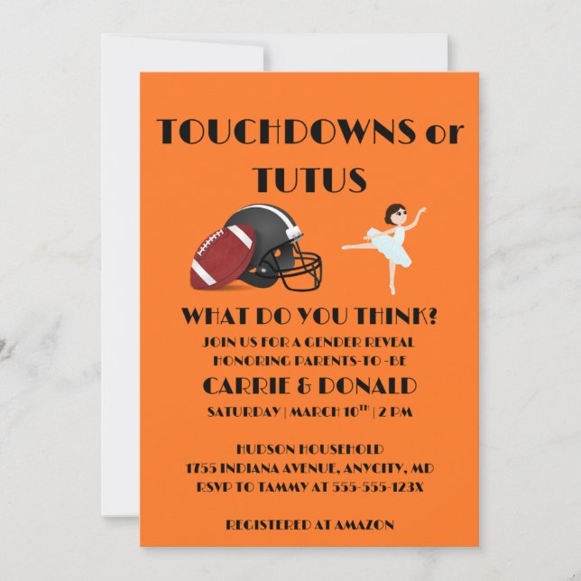 Touchdowns or Tutus Gender Reveal Party  Invitation (Front)