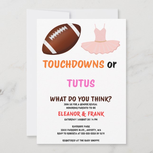 Touchdowns or Tutus gender reveal party Invitation (Front)