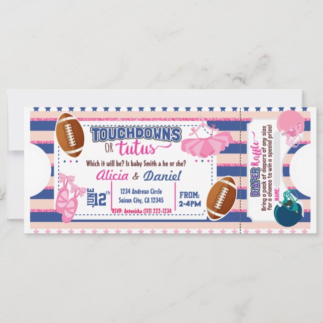 Touchdowns or Tutus Invitation - diaper raffle (Front)