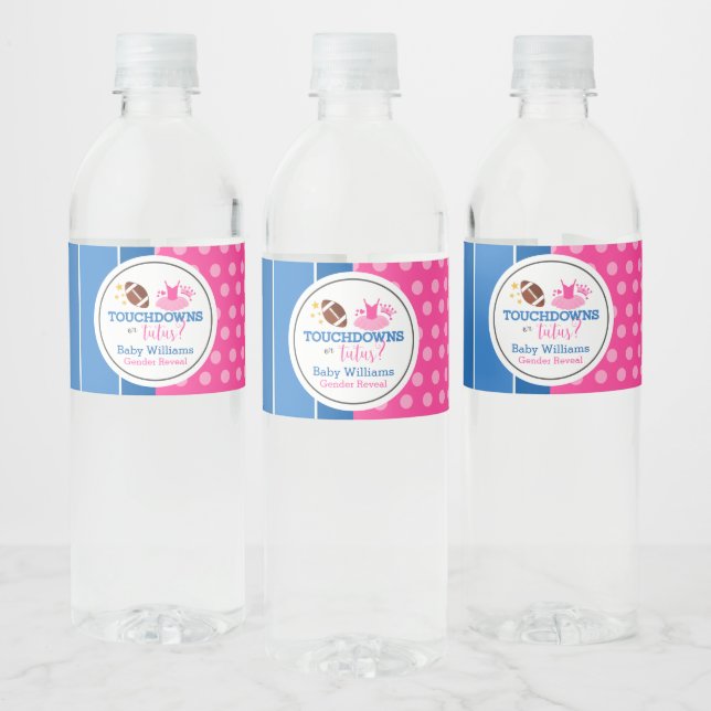 Touchdowns or Tutus Pink Blue Gender Reveal Party Water Bottle Label (Bottles)