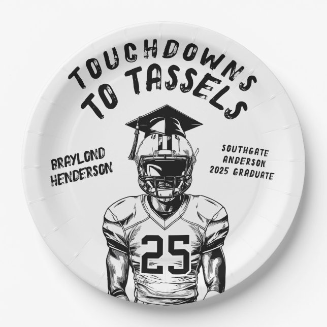 Touchdowns to Tassels Football Grad Party Paper Plate (Front)