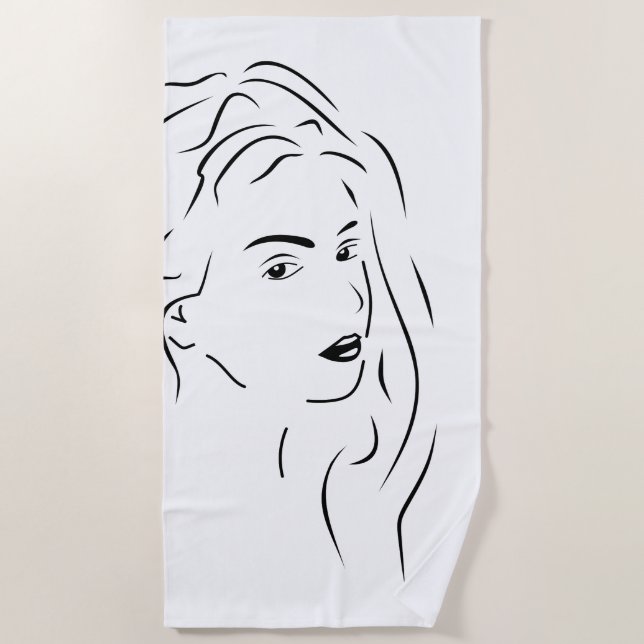 Touching Black Line Art Stilized Female Visual Beach Towel (Front)