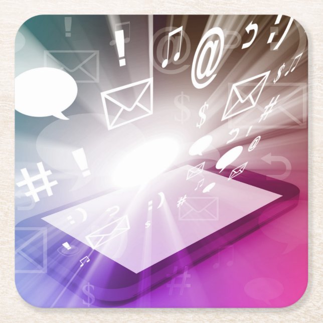 Touchscreen Smart Phone Downloading Apps and Cloud Square Paper Coaster (Front)