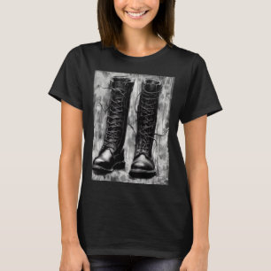 Tough Biker Black Lace Up Boots Drawing T-Shirt