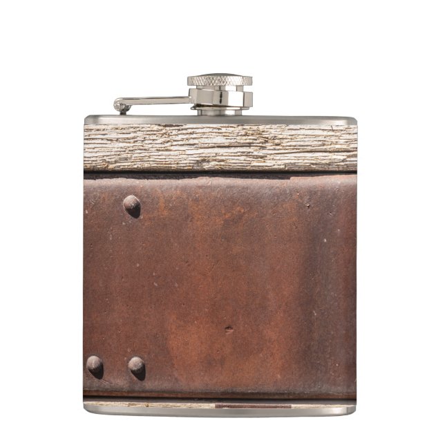 Tough brown look of iron, rivets, leather & wood hip flask (Front)