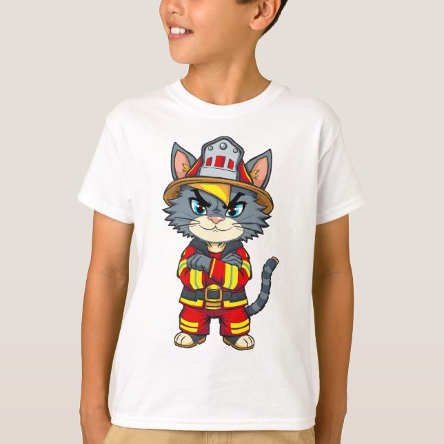 Tough Firefighter Cat – 90s Cartoon Style  T-Shirt (Front)