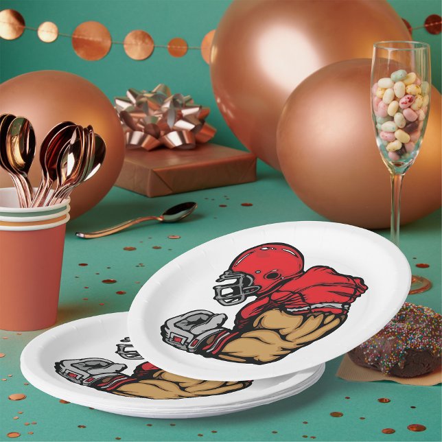 Tough Football Warrior Mascot Red Helmet Muscle  Paper Plate (Creator Uploaded)