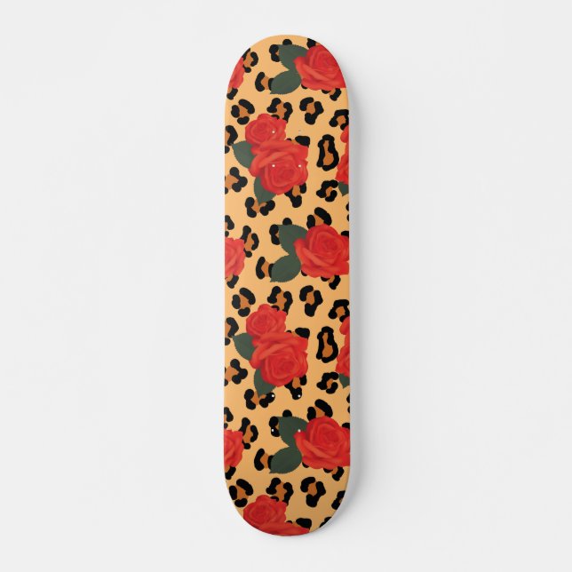 Tough Girl Red Roses and Leopard Print Skateboard (Front)