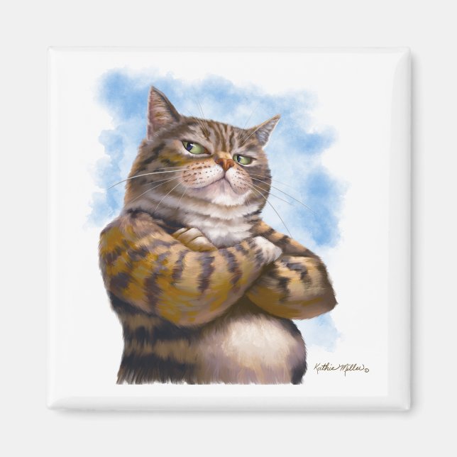 Tough Tabby Cat Cartoon Magnet (Front)