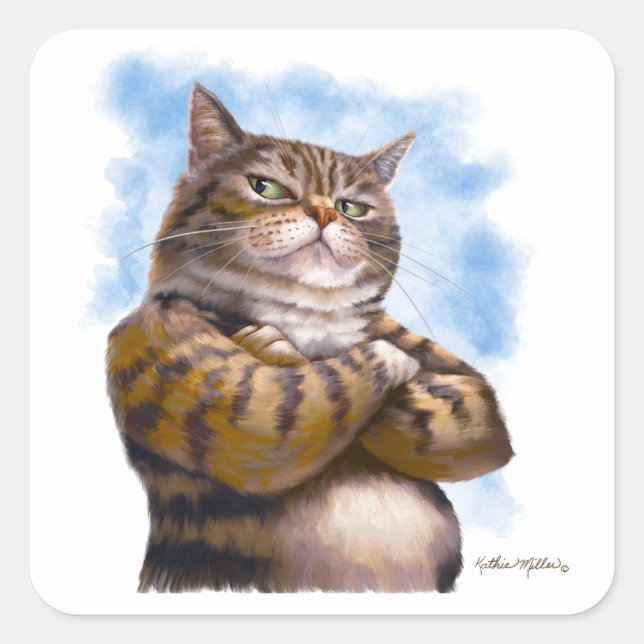 Tough Tabby Cat Cartoon Square Sticker (Front)