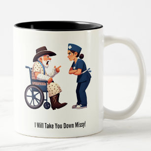 Tough Texas Rancher and Angry Nurse Showdown Two-Tone Coffee Mug
