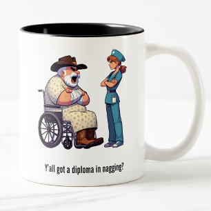 Tough Texas Rancher and Angry Nurse Showdown Two-Tone Coffee Mug