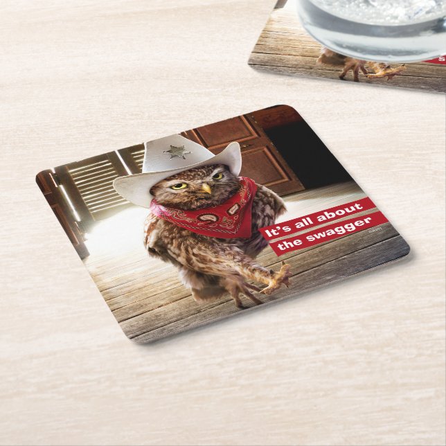 Tough Western Sheriff Owl with Attitude & Swagger Square Paper Coaster (Angled)