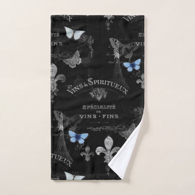 Toujours Paris Butterflies Collage Black Hnd Towel (Hand Towel)