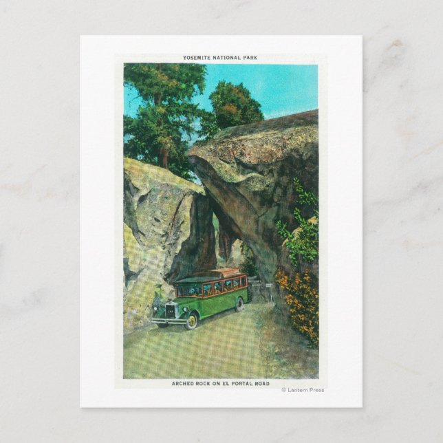 Tour Bus Under the Arch Rock on El Portal Road Postcard (Front)