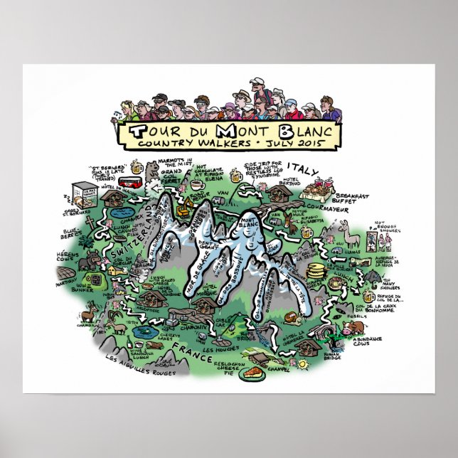 Tour du Mont Blanc cartoon map - poster 20" x 16" (Front)
