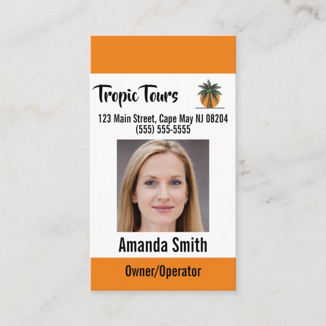 Tour Guide Photo ID Orange Business Card (Front)