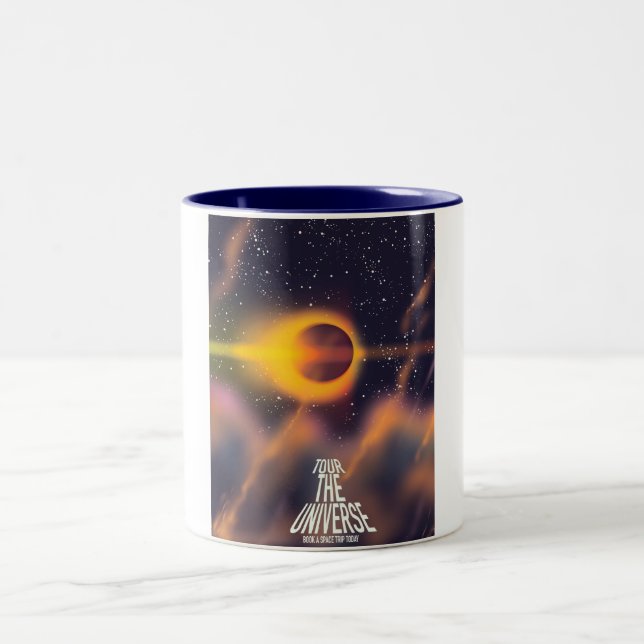 Tour the Universe "Book a trip today" Two-Tone Coffee Mug (Center)