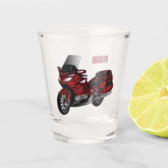 Touring motorcycle cartoon illustration shot glass (Front)