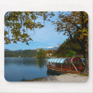 Tourist boats in Lake Bled in autumn Mouse Mat