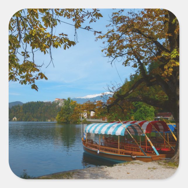Tourist boats in Lake Bled in autumn Square Sticker (Front)