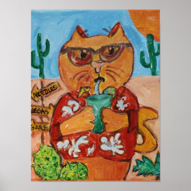 Tourist Cat Kitschy Folk Art Fun Design Poster (Front)