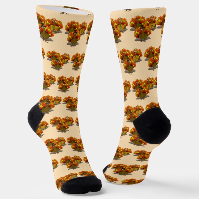 Tourist, Pilgrim and Worried Turkeys Thanksgiving Socks (Angled)