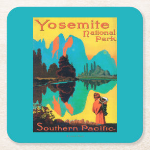 Tourist Poster - Yosemite Nat'l Park, CA Square Paper Coaster