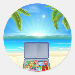 Tourist Suitcase on Tropical Beach Classic Round Sticker