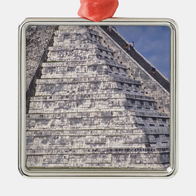 Tourists climbing stairs of El Castillo, stone Metal Tree Decoration (Front)
