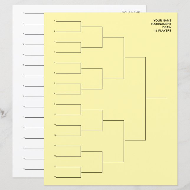 Tournament bracket template sheet for 16 players (Front/Back)